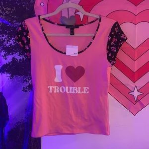 Cute Y2K I ❤️ Trouble floral piping tee Forever 21